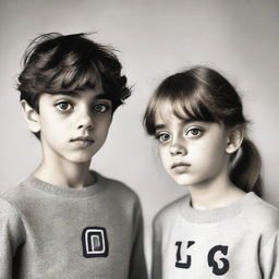 A boy and a girl making eye contact, wearing clothes with the letter 'S' visibly marked on them.