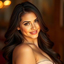 A confident and attractive woman with long brown hair cascading around her shoulders