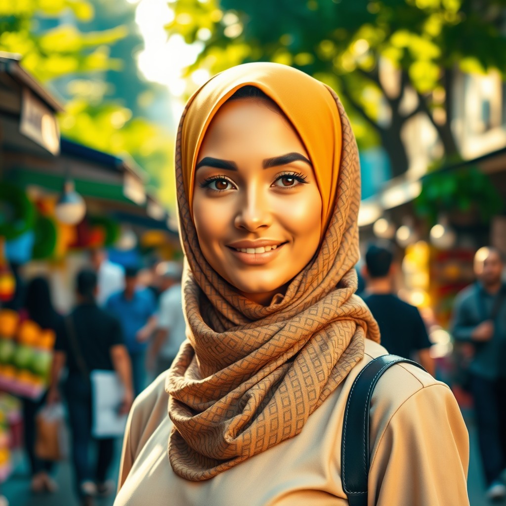 A portrait of a beautiful woman wearing a stylish hijab, elegantly draped on her head