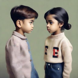 A heartwarming image of a boy and a girl making eye contact with each other, both wearing clothes sporting the letter 'S'.