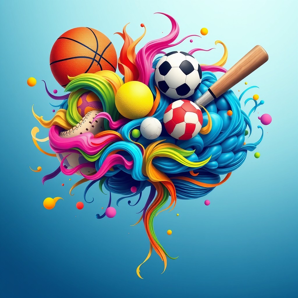 A vibrant and colorful representation of a brain integrated with various sports