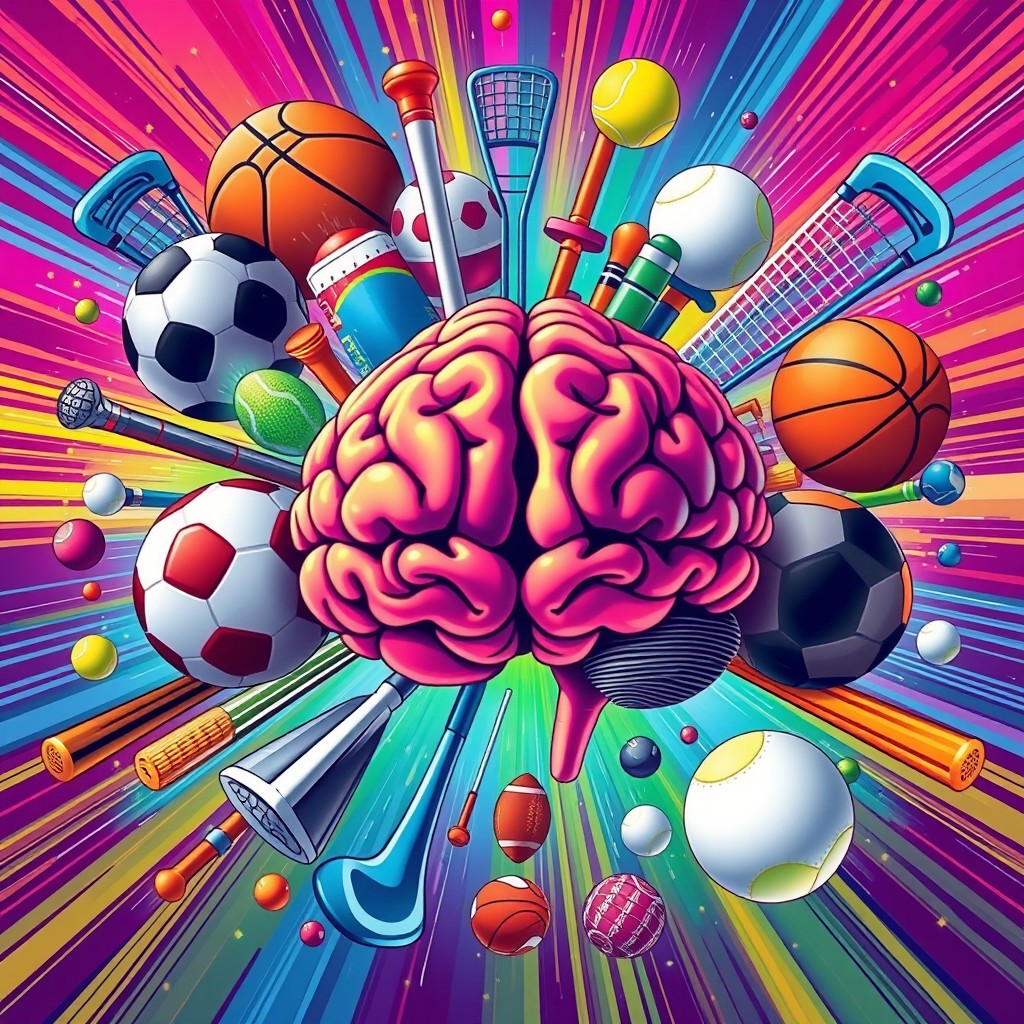 A striking illustration of a brain surrounded by various sports equipment and elements