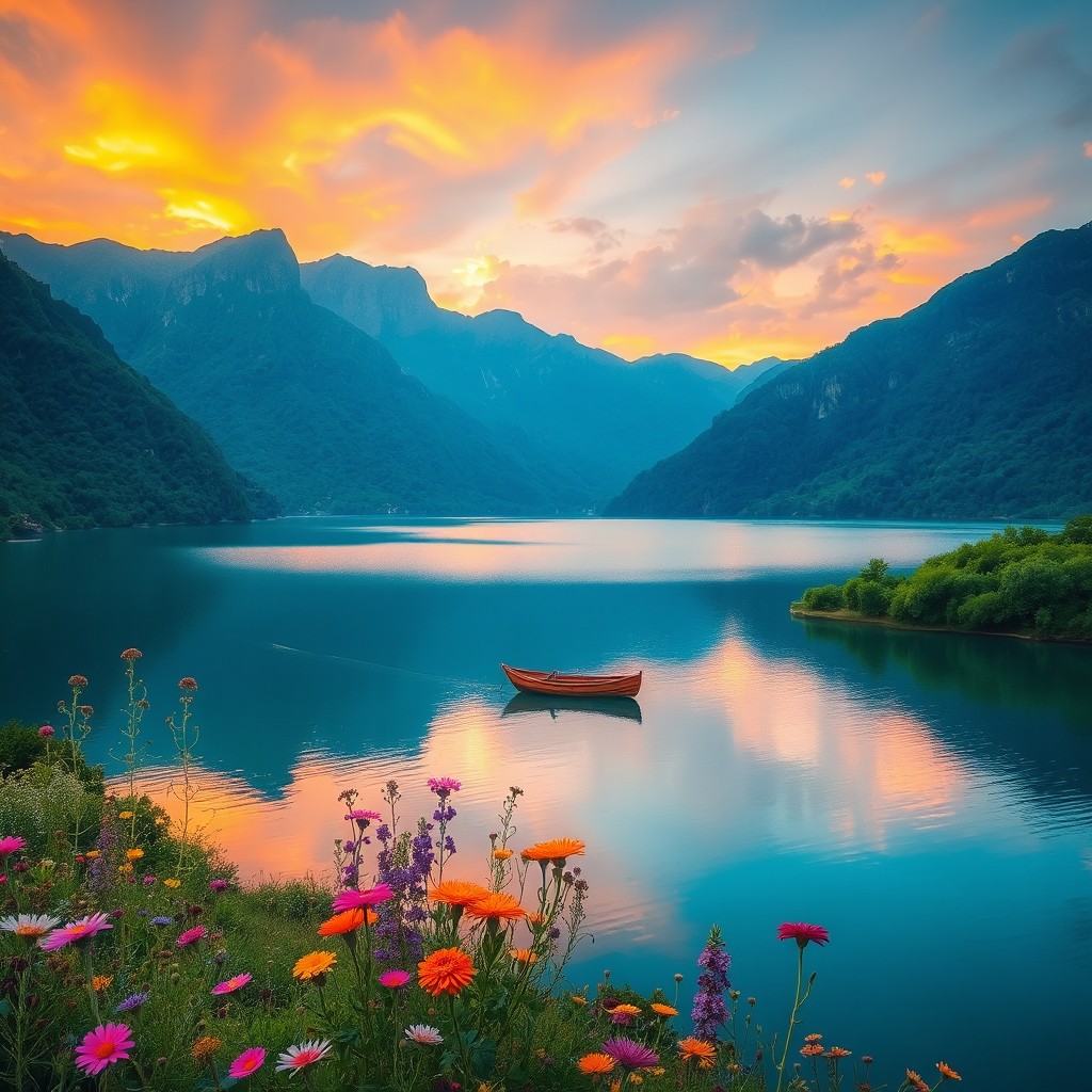 A serene and picturesque landscape featuring a tranquil lake surrounded by lush green mountains under a vibrant sunset sky