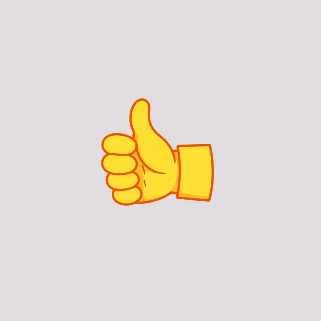A simplified and clear depiction of a thumbs up emoji, featuring a bright yellow hand with a thumbs up gesture against a transparent background