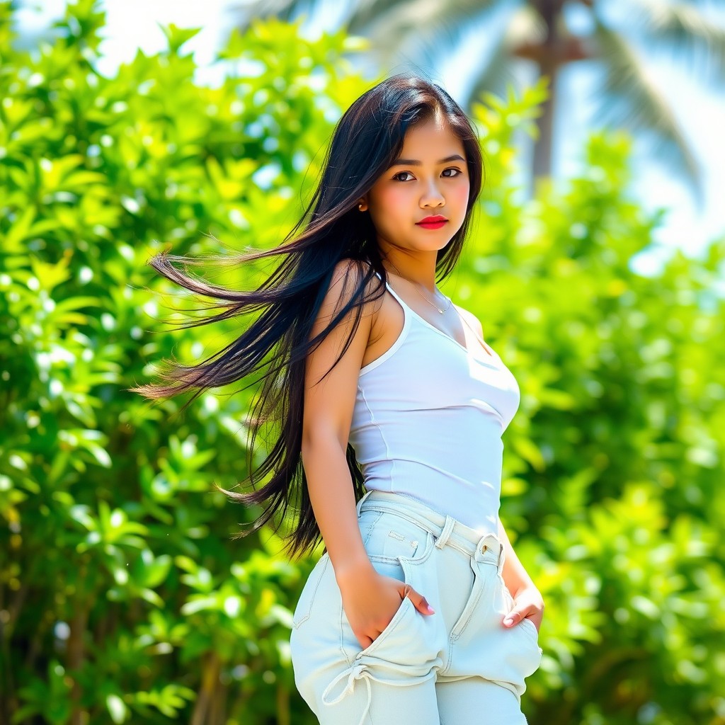 An Indonesian girl with long, flowing black hair, wearing a stylish white tank top and fashionable hot pants