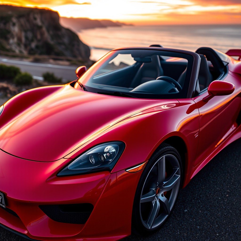 A sleek and modern sports car, showcasing a shiny red exterior with aerodynamic curves and a luxurious interior