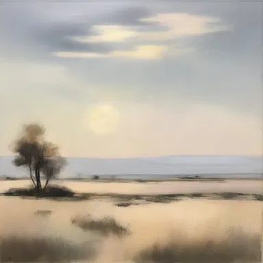 The artist captured the essence of a serene landscape through a painting with soft, blended colors, just like a homophonic musical piece that consists of a single melodic line complemented by subtle harmonies.