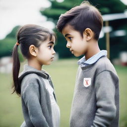 A heartwarming image of a boy and a girl making eye contact with each other, both wearing clothes sporting the letter 'S'.