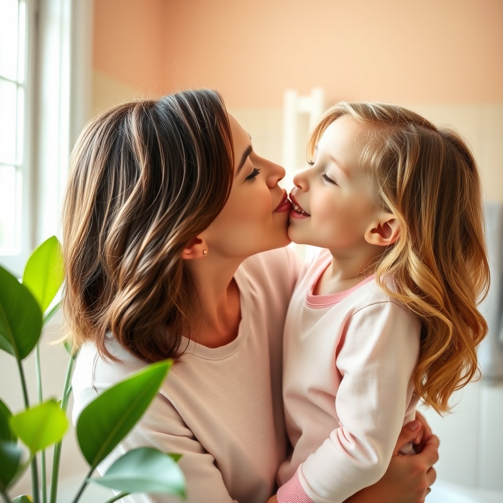 A warm and tender scene of a mother giving her daughter a sweet kiss in a bright, airy bathroom