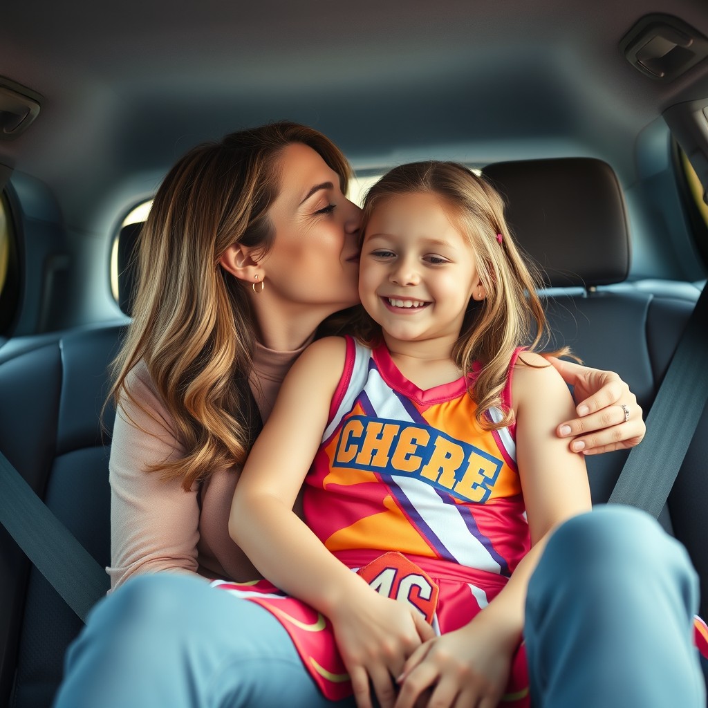 A heartwarming moment capturing a mother and her daughter sharing a loving kiss in the backseat of a car