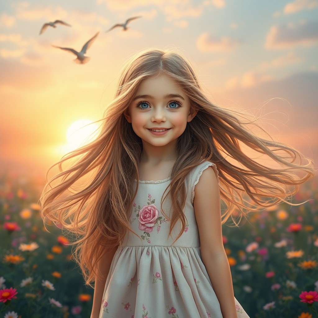 A beautiful girl with flowing, long hair standing in a dreamy landscape filled with vibrant flowers and a soft sunset in the background