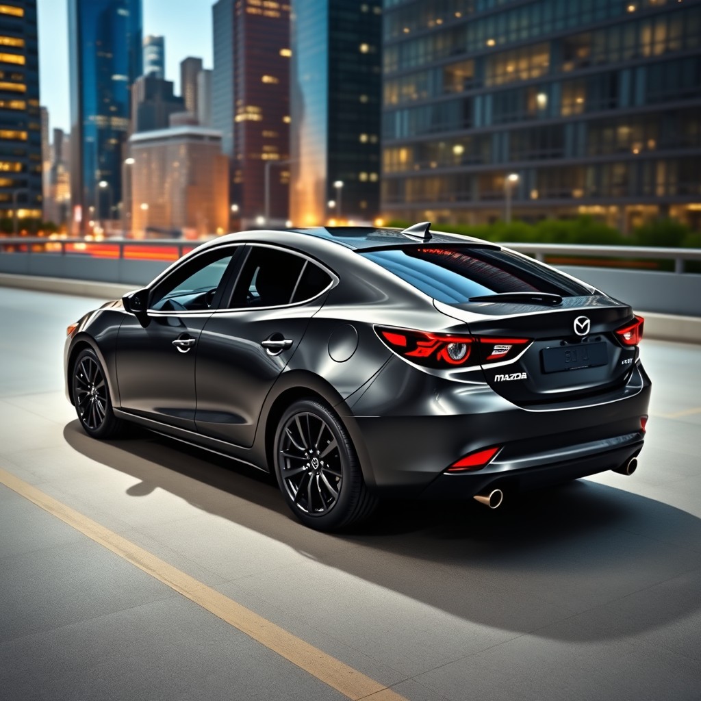 A sleek 2017 Mazda 3 in graphite color featuring a low spoiler, tinted windows, black alloy wheels, and striking yellow brake calipers