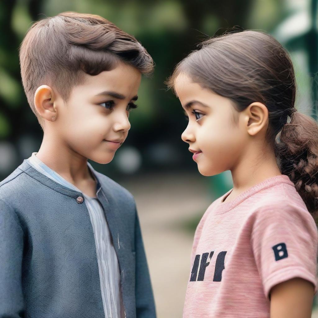 A heartwarming image of a boy and a girl making eye contact with each other, both wearing clothes sporting the letter 'S'.