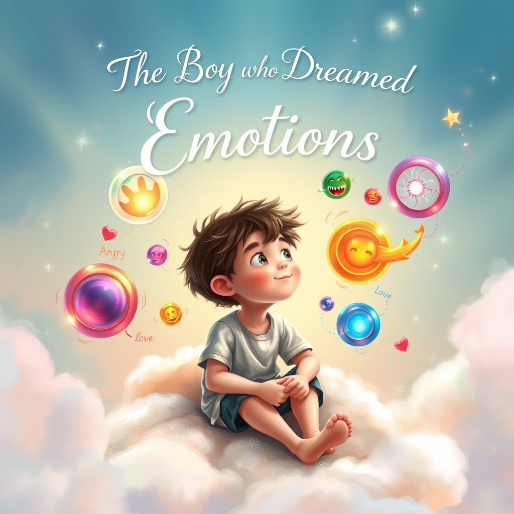 A whimsical, enchanting book cover for 'The Boy Who Dreamed of Emotions'