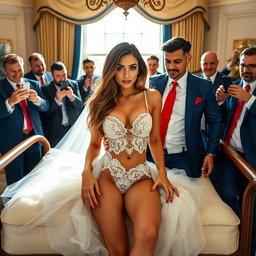 In a luxurious and opulent setting within the Oval Office, an 18-year-old Arabic woman embodies beauty and elegance with her slender and petite figure, featuring delicate breasts, a tiny waist, and very wide hips