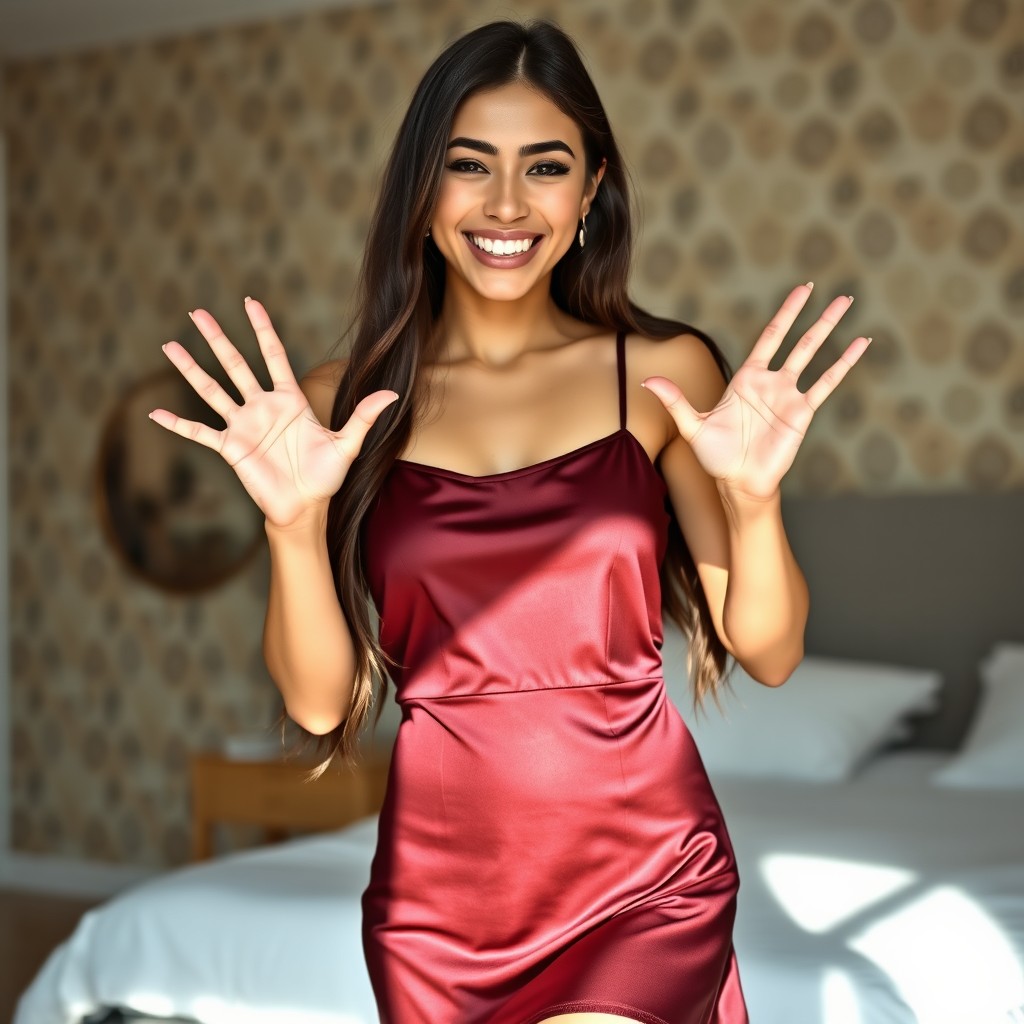 A slender young woman wearing a short dark maroon satin dress with spaghetti straps, her long dark hair cascading down