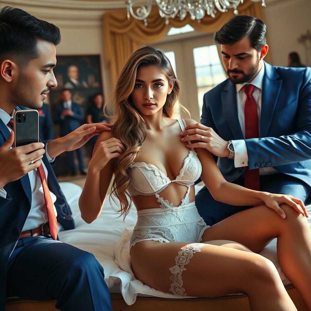 Inside the grand Oval Office, a stunning 18-year-old Arabic woman captures attention with her gorgeous, slender physique: petite breasts, a tiny waist, and very wide hips