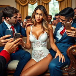 In the regal environment of the Oval Office, an 18-year-old Arabic woman captures attention with her stunningly slender and petite frame, showcasing delicate breasts, a tiny waist, and very wide hips