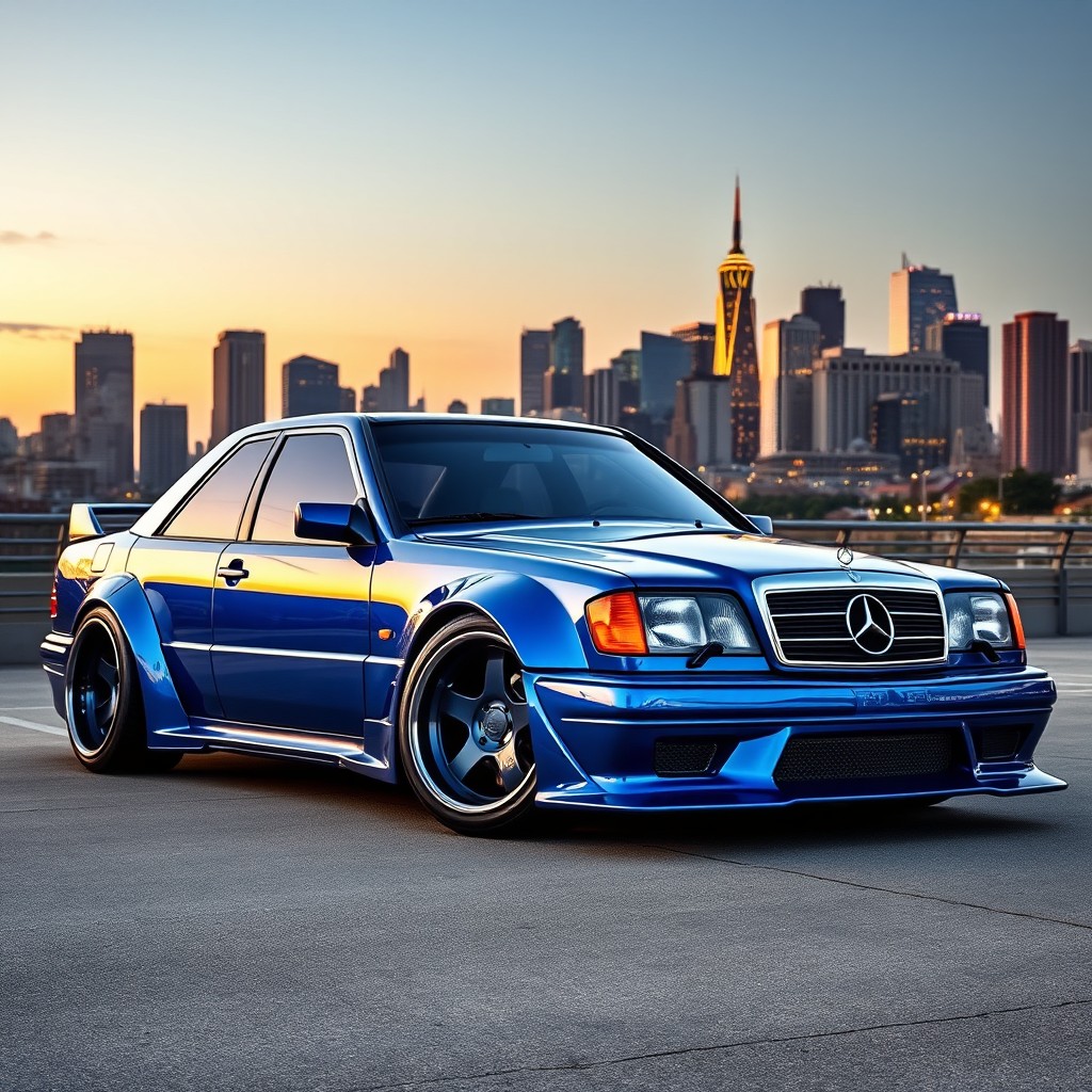 A stunning Mercedes-Benz W202 widebody, featuring aggressive arches and a sleek, modern design