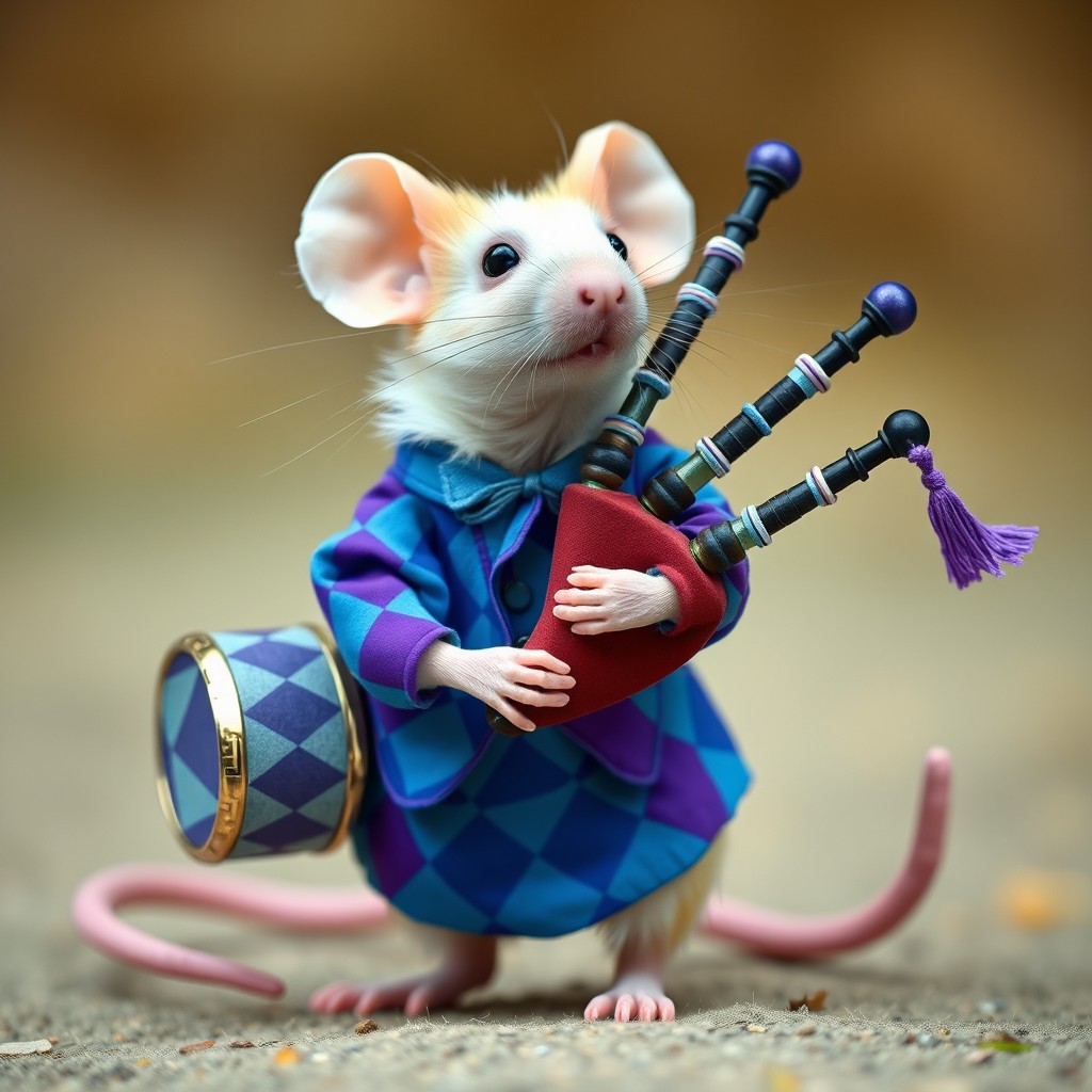 An androgynous cream and white mouse, playing bagpipes and pan pipes, carries a hand drum with its tail