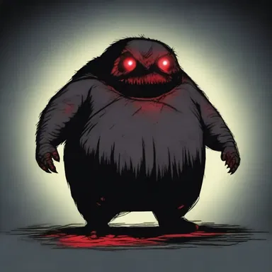 In the eerie darkness, a fatso with glowing red eyes emerged from the shadows.