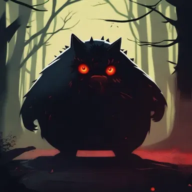 In the eerie darkness, a fatso with glowing red eyes emerged from the shadows.