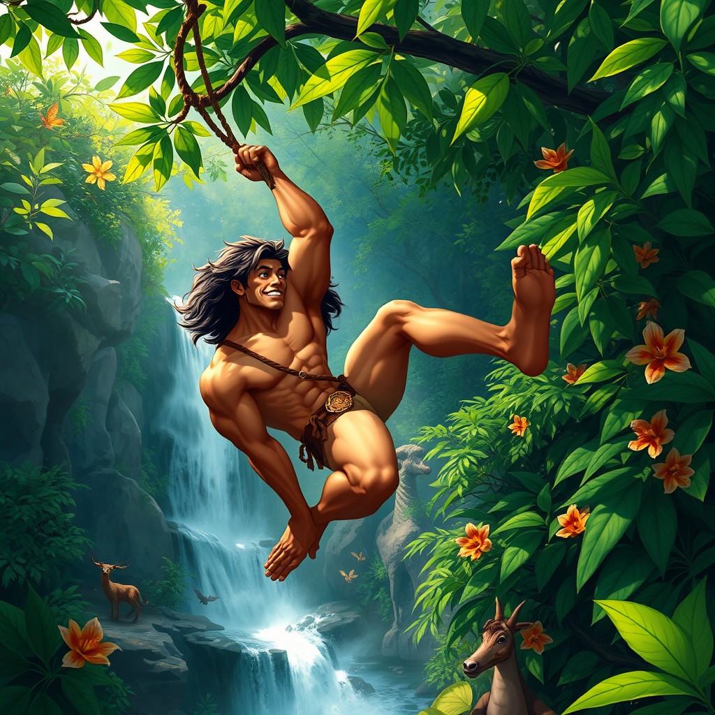 A dynamic and action-packed scene featuring a muscular and athletic Tarzan swinging through a lush, dense jungle