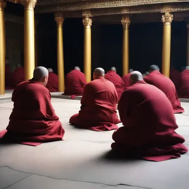 The monks gathered to pray, disturbed by the presence of a fatso in their sacred temple.