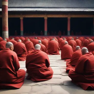 The monks gathered to pray, disturbed by the presence of a fatso in their sacred temple.