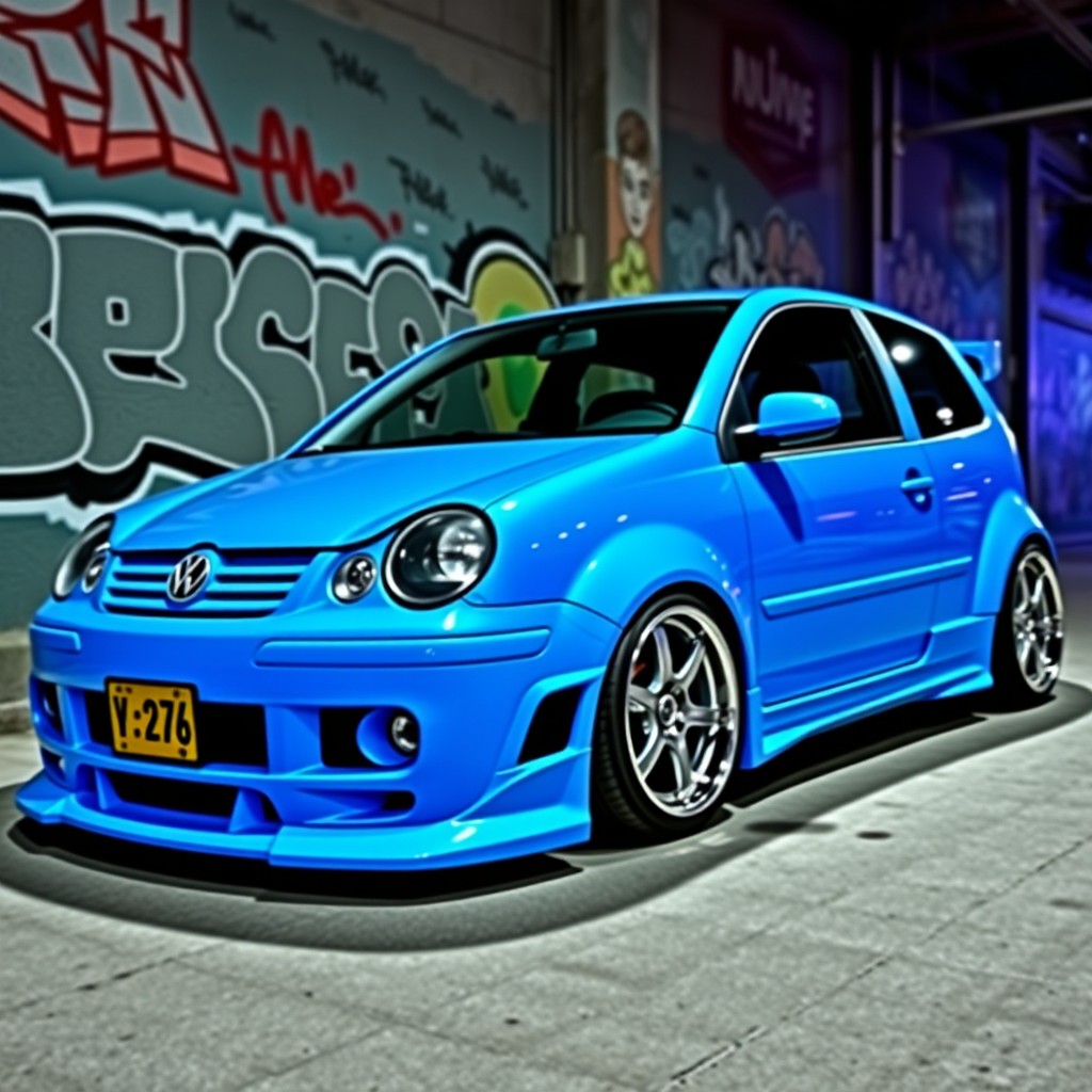 A customized 2004 Volkswagen Polo with three doors, featuring an aggressive tuning style