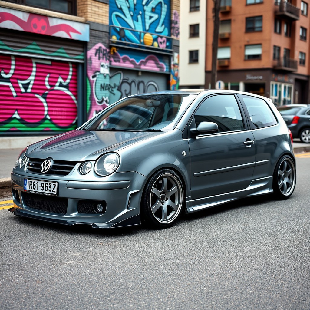 A 2004 Volkswagen Polo, three doors, painted in sleek grey with an impressive tuning style