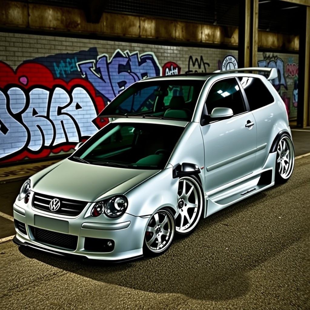 A modified 2004 Volkswagen Polo with three doors, painted in a light gray color, showcasing an impressive tuning design