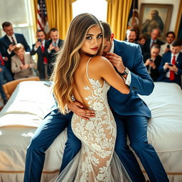 In the distinguished setting of the Oval Office, an 18-year-old Arabic woman exudes captivating beauty with her slender, petite form: delicate breasts, a tiny waist, and very wide hips