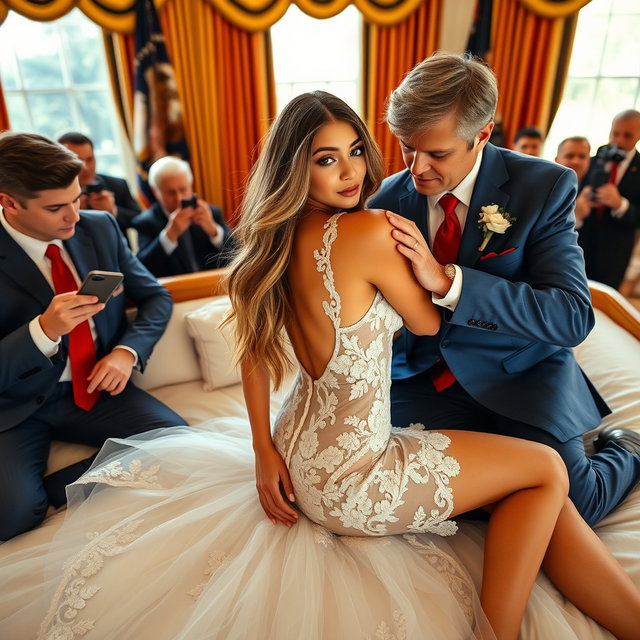 In the distinguished setting of the Oval Office, an 18-year-old Arabic woman exudes captivating beauty with her slender, petite form: delicate breasts, a tiny waist, and very wide hips