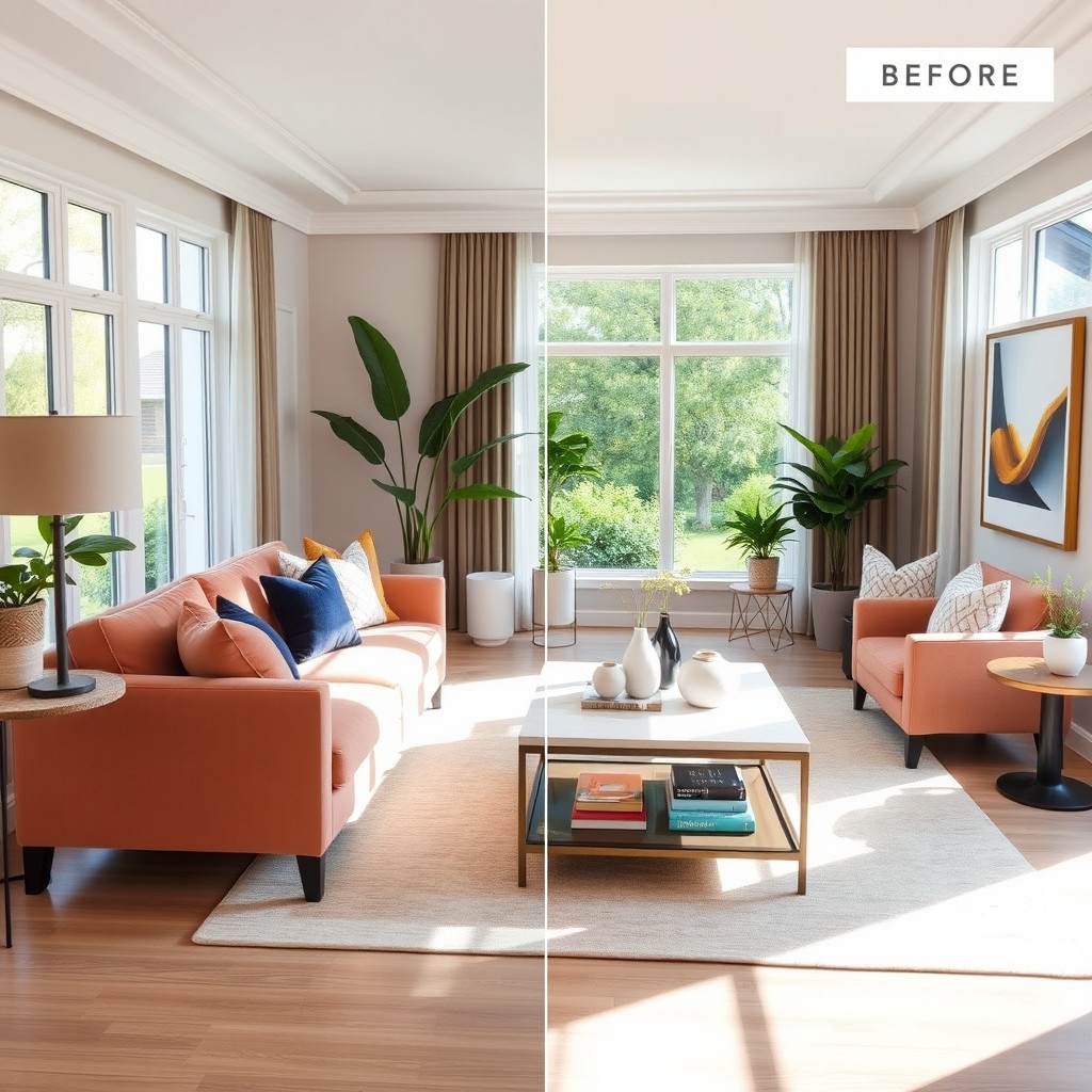 A beautifully redesigned interior space featuring the same furniture arrangement with a fresh aesthetic