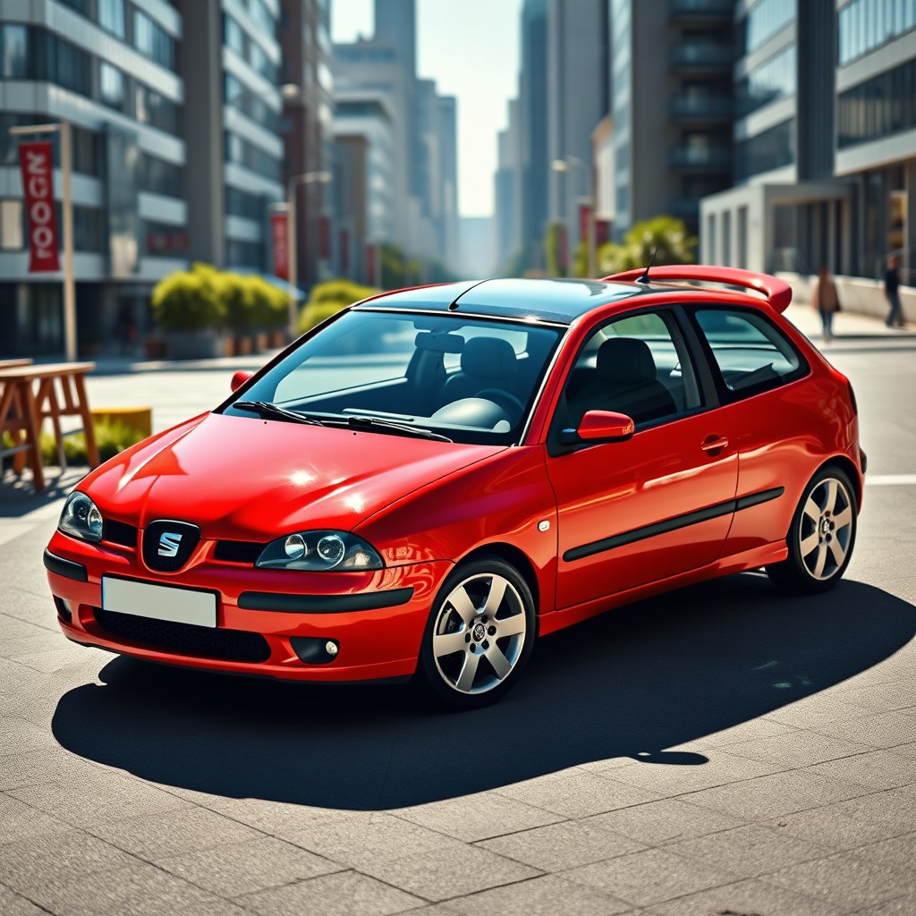 A sleek and stylish 2002 Seat Ibiza from the second generation, showcasing its distinctive curves and sporty design, parked in a modern urban environment