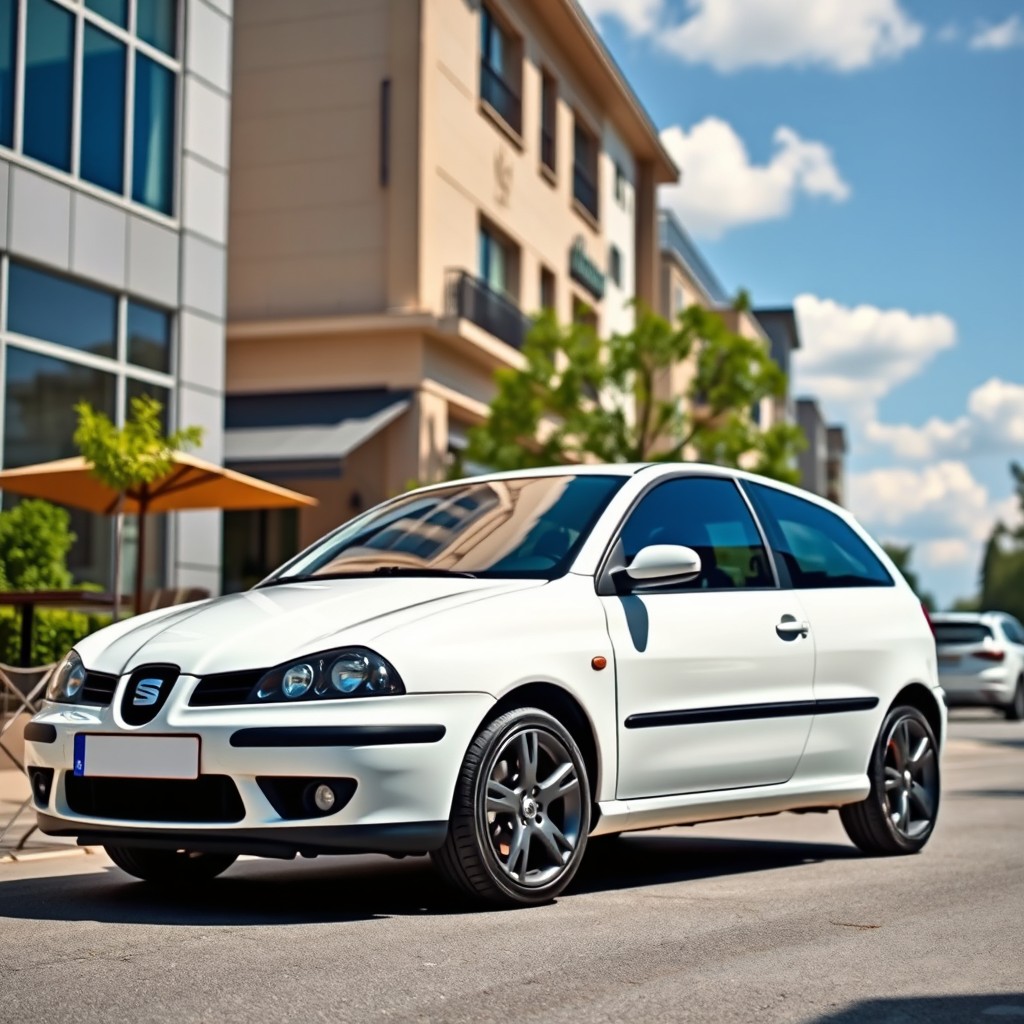 A pristine white 2002 Seat Ibiza from the second generation, showcasing its elegant and sporty design, parked in a picturesque urban setting
