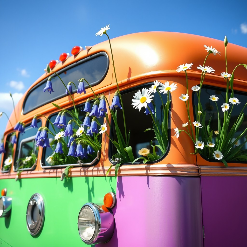 A vibrant, whimsical bus adorned with bluebells and daisies growing out of its windows, set against a sunny backdrop with clear blue skies