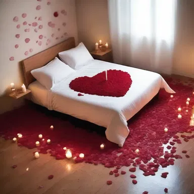 They decorate their bedroom with rose petals and candles for a romantic evening.