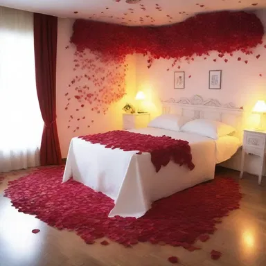 They decorate their bedroom with rose petals and candles for a romantic evening.