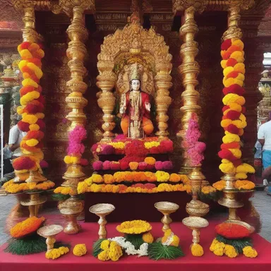 During the festival, the devotees decorate the altar with flowers, incense, and candles as an offering to the gods.
