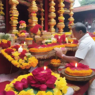 During the festival, the devotees decorate the altar with flowers, incense, and candles as an offering to the gods.