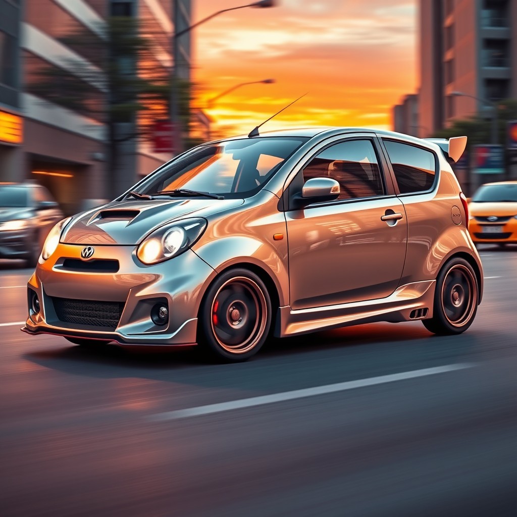 A stylized Daewoo Matiz transformed into a sporty, high-performance car