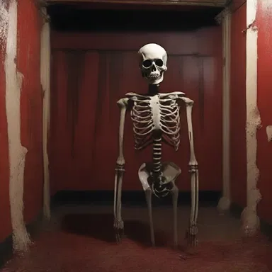 The haunted house was decorated with eerie skeletons and blood-soaked walls, creating a spine-chilling atmosphere.