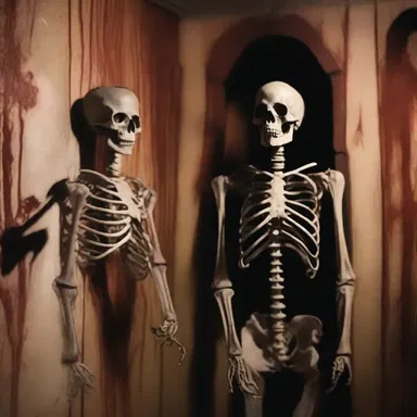 The haunted house was decorated with eerie skeletons and blood-soaked walls, creating a spine-chilling atmosphere.