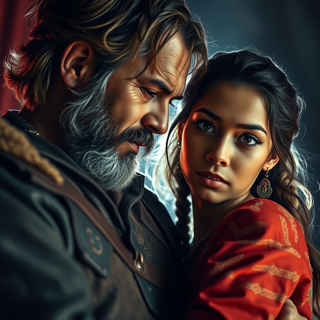A dramatic and intense scene depicting a father and daughter in a powerful and emotional moment, showcasing their strong bond in a stylized, artistic way