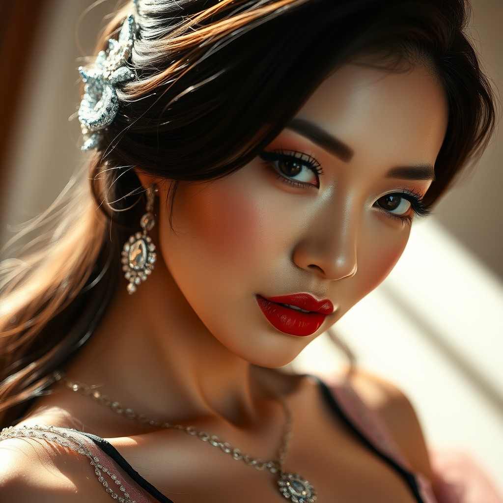 A close-up portrait of a glamorous Japanese adult film star, showcasing her elegant features and captivating expression