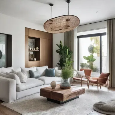The interior designer used a mix of modern and vintage elements to decorate the open-concept living space, creating a fusion of style and comfort.