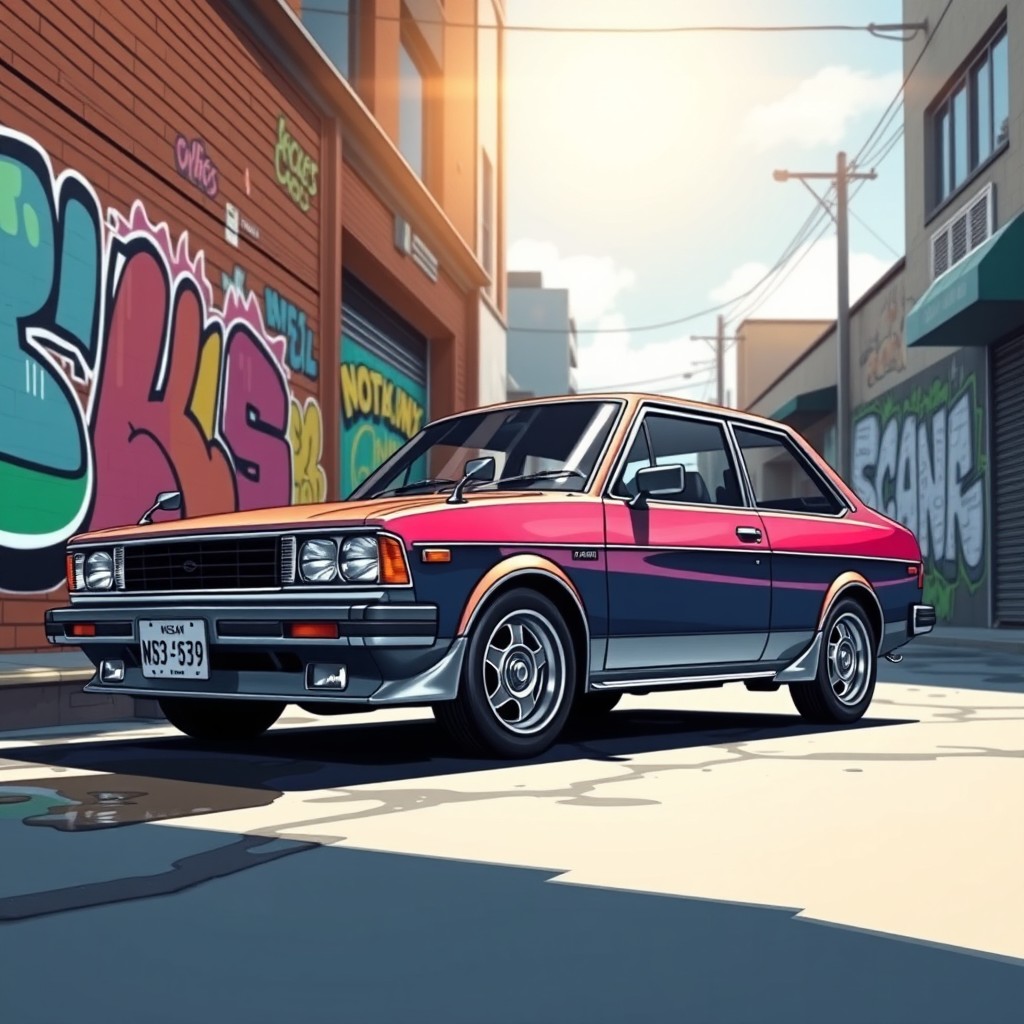 A stunningly detailed illustration of a Nissan B12, showcasing its classic 80s design with sharp lines and a compact body style