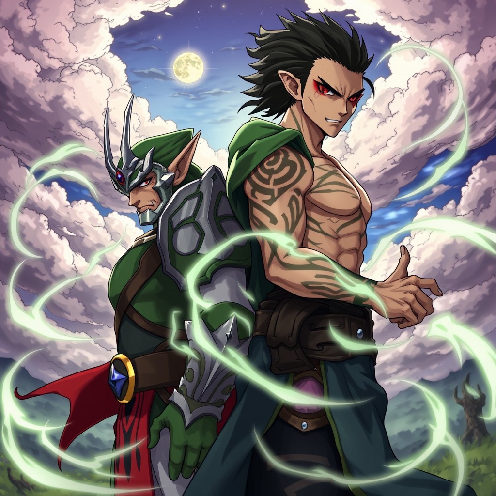 A dramatic and dynamic illustration featuring Ganondorf from The Legend of Zelda and Akaza from Demon Slayer, standing back-to-back in an epic showdown